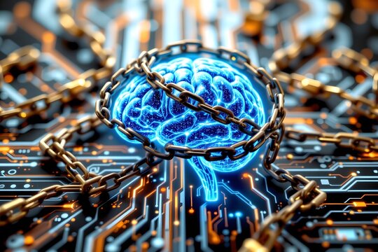 Mind Enchained: A thought-provoking digital artwork depicts a glowing blue brain ensnared by a metallic chain, symbolizing the limitations of intellect in a tech-dominated era. 