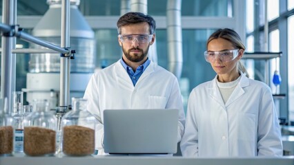 Fototapeta premium Two scientists in lab coats and safety goggles analyze data on a laptop in a modern laboratory, surrounded by glass containers.