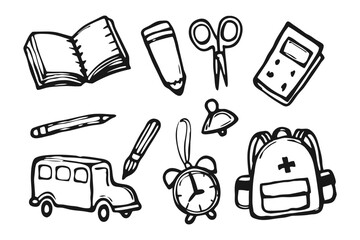 Back to School Essentials: A delightful array of hand-drawn school supplies in a whimsical, artistic sketch. This image is perfect to evoke sense of eager learner.