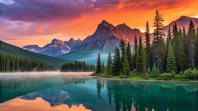 Majestic mountain range reflected in serene lake at vibrant sunset reflection