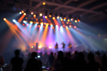 Blurred background rock concert with light background, concert in hall at night. people enjoying music performance in hall. musicians on the stage and spotlights with colored rays. concert and crowd.