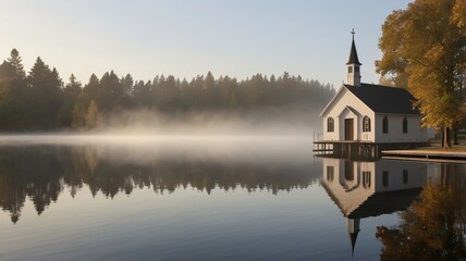 the reflection of church and woods in clear and calm water  of lake