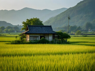 Fototapeta premium an old cottage in the expanse of yellowish green rice fields and cool rural air
