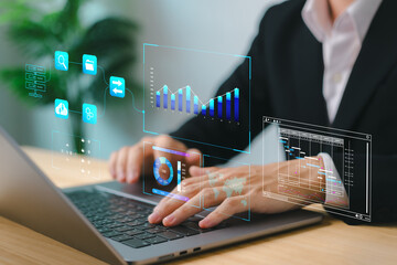 DMS system. Professional analyzes digital charts and manages smart document workflows on a virtual...