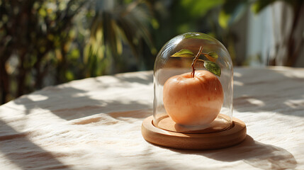 Pale peach apple in a glass dome, atop a wooden base, on a light beige tablecloth, with natural light and foliage in the background
