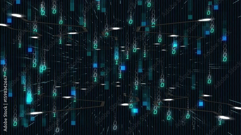 Poster when binary digits and blocks appearing in frame accelerating down illustrating data tunnel flow