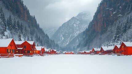 Row of cozy red cabins nestled in a snowy mountain valley.