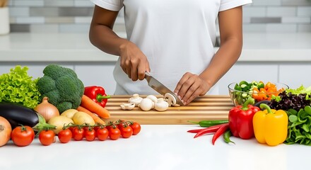 Woman chopping fresh vegetables and mushrooms on a cutting board in a bright kitchen