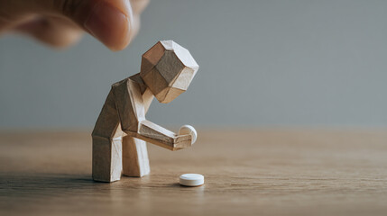 Origami figure reaching for a pill with a hand hovering above it