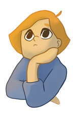 Contemplative Child with Orange Hair and Blue Clothing