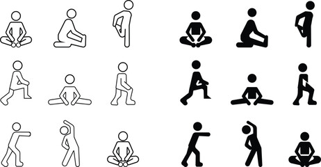 Man Stretching Yoga Exercise Icon set, Home workout icons stay safe vector template designs elements, exercises to relax tension muscle. depict techniques and postures of a man stretching work