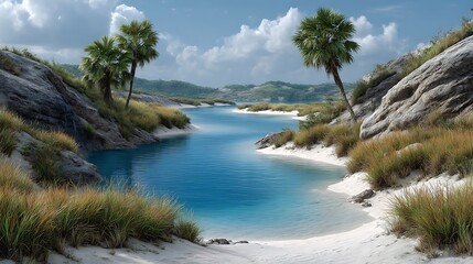 Dramatic view of white dunes descending into multiple deep blue lagoons under a dynamic tropical sky.