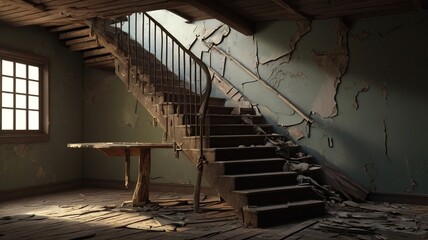 a broken wooden stair case of abandon house