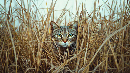 Hidden Beauty: A stunning image captures the alert gaze of a feline predator, partially concealed within a dense field of tall grass, emphasizing the elegance and instinct of nature's design.