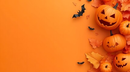 Halloween themed design with pumpkins and autumn leaves.