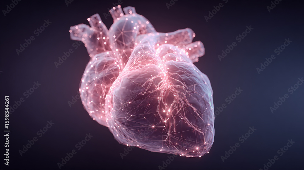 Poster anatomical heart model with glowing nodes and network connections view