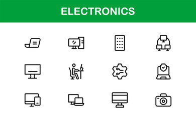 Electronics professional unique line icon pack &mdash; Modern vector outlines featuring laptops, smartphones, wearables, chips, sensors, drones, routers, green tech