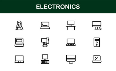 Electronics professional unique line icon pack &mdash; Modern vector outlines featuring laptops, smartphones, wearables, chips, sensors, drones, routers, green tech