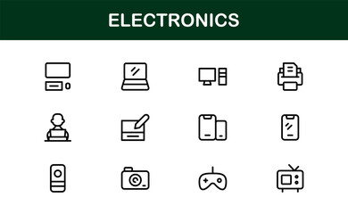 Electronics professional unique line icon pack &mdash; Modern vector outlines featuring laptops, smartphones, wearables, chips, sensors, drones, routers, green tech