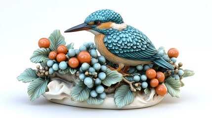 Kingfisher figurine perched amidst berries and leaves.