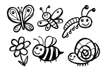 Cute Insects Illustration: A cheerful collection of cartoon insects, including a butterfly, bee, snail, caterpillar and flower, rendered in playful, childlike illustration.