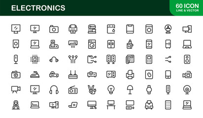 Electronics professional unique line icon pack — Modern vector outlines featuring laptops, smartphones, wearables, chips, sensors, drones, routers, green tech