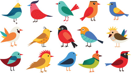 Obraz premium Vector art of a colorful assortment of cartoon birds with unique plumage, isolated on white background