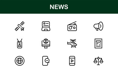 News insights delivered through minimalist clarity. Modern News line icon collection of 60 vector journalism, press, broadcast, headline, update glyphs