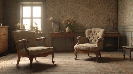 a beautiful classic interior of a living room with beautiful fiowers in flower pot and two sofa chairs