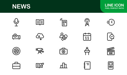 News insights delivered through minimalist clarity. Modern News line icon collection of 60 vector journalism, press, broadcast, headline, update glyphs