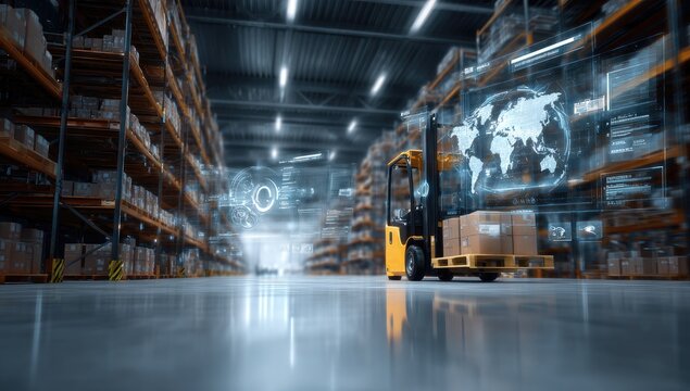 Modern warehouse with forklift and digital overlay