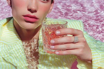 Close-up of a woman in a yellow striped swimsuit holding a glass of pink cocktail in a pink pool. High-fashion editorial with jewel tones and shimmering light.