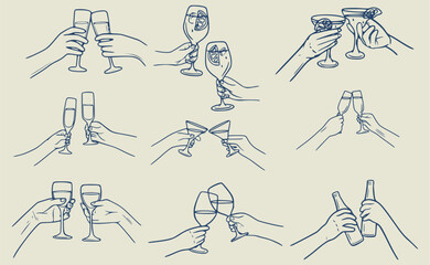 Cheers and Toasting Hands Set - Minimal Line Art Celebration Glasses and Bottles Collection"