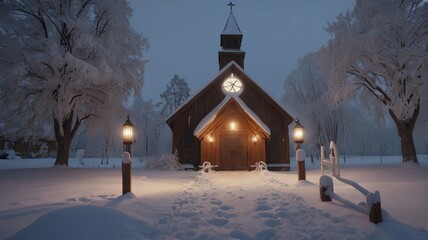 exterior of curch in snow in winters present in woods