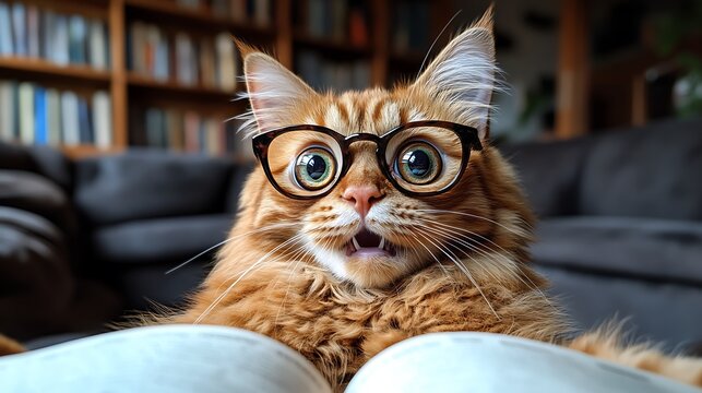 Curious ginger cat wearing glasses, looking intently at something.