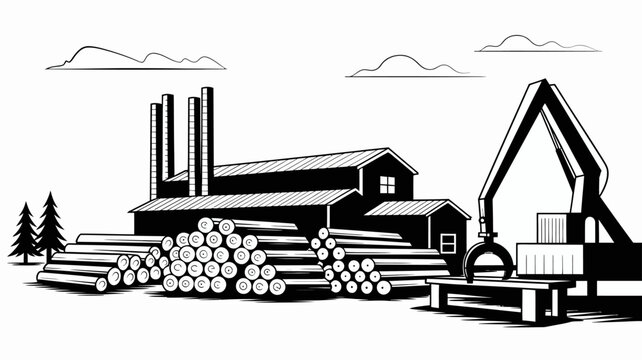 Lumber Mill Illustration with Stacked Logs and Crane Operation in a Natural Setting Depicting Wood Industry