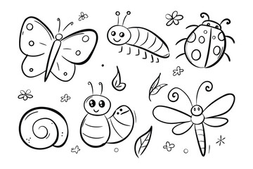 Whimsical Insect Collection: A charming array of hand-drawn insects and nature elements. Adorned with delicate details and playful expressions, perfectly captures the charm of nature.