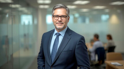 Fototapeta premium Successful mature businessman looking at camera with confidence. confident middle-aged man with short, graying hair and a neatly trimmed beard, wearing glasses