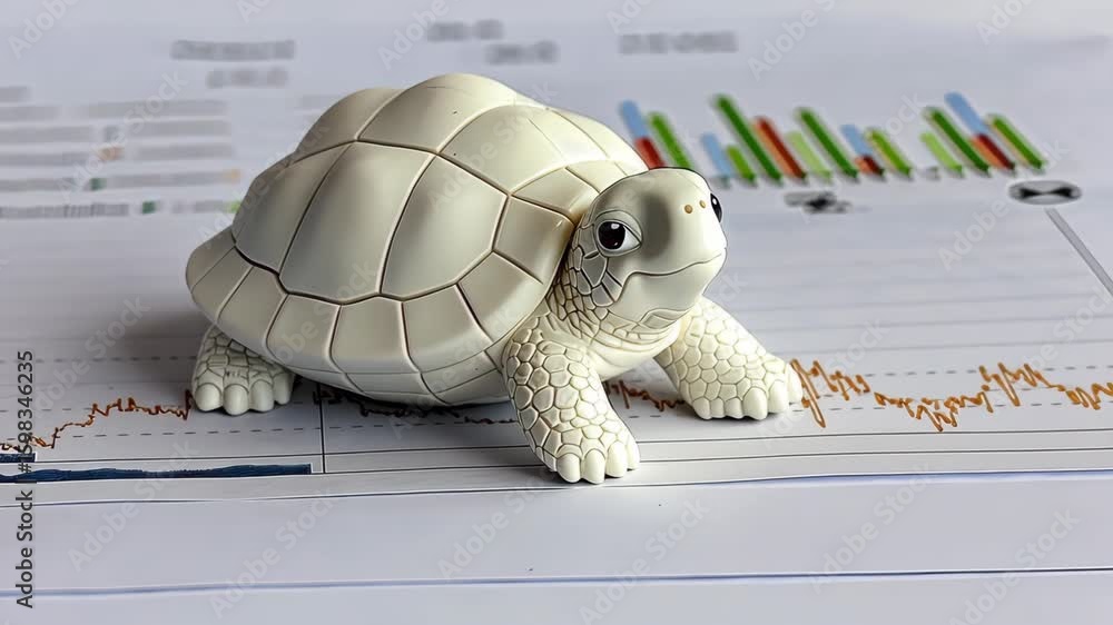 Poster a white turtle model interacts with vibrant graphs that illustrate data trends, providing a creative