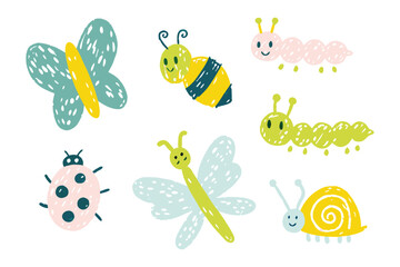 Whimsical Insect Illustration: A cheerful assortment of hand-drawn insect, each with its unique charm and personality. Delicate details and lively colors will bring a smile to any face
