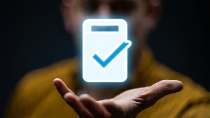 Man holding a glowing digital document with a checkmark, symbolizing approval, confirmation, and successful completion of a task or agreement