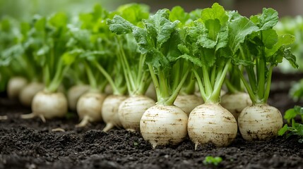 Fresh radish plants growing in rich soil.