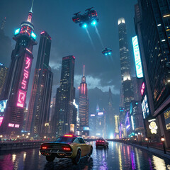 
Cyberpunk Futuristic City Street with Neon Lights and Flying Vehicles in Rain

