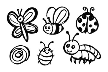 Cartoon Insect Collection: A playful assortment of charming cartoon insects, each meticulously outlined in a delightful display of simplicity and artistic elegance.