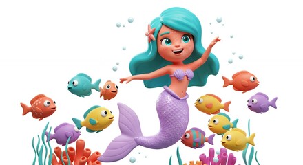 Naklejka premium Cartoon mermaid with fish in underwater scene