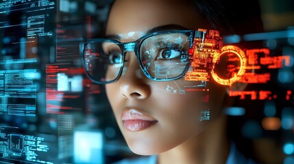 Cybersecurity Data Streams Blending with Female IT Professional s Digital Portrait