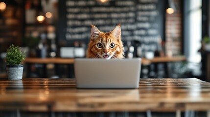 Curious ginger cat stares intently at a laptop computer.