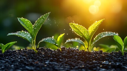 Eco Friendly Investment Green Leaves Thriving on Financial Pages Under Warm Sunlight