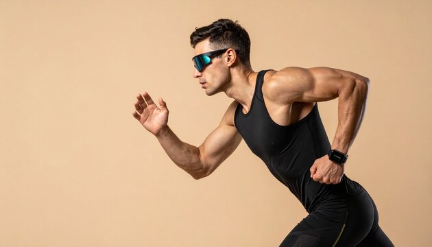 A muscular athlete in athletic wear sprints forward during a race.
