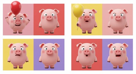Cartoon pigs with various expressions on colorful backgrounds